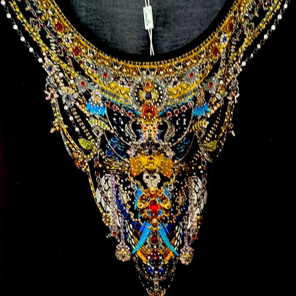 Camilla model top loose fit tee with jeweled embellishments at neckline - Picture 2 of 4